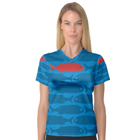 Fish Line Sea Beach Swim Red Blue Women s V-neck Sport Mesh Tee by Alisyart