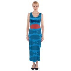 Fish Line Sea Beach Swim Red Blue Fitted Maxi Dress by Alisyart