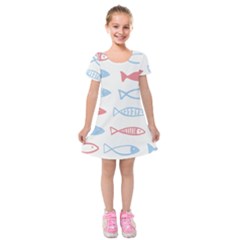 Fish Swim Sea Beach Red Blue White Kids  Short Sleeve Velvet Dress