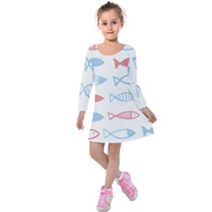 Fish Swim Sea Beach Red Blue White Kids  Long Sleeve Velvet Dress by Alisyart