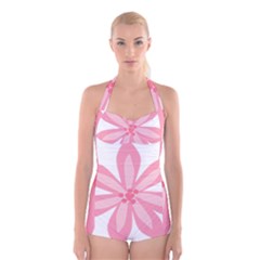 Pink Lily Flower Floral Boyleg Halter Swimsuit  by Alisyart