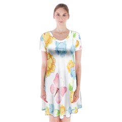 Rose Flower Floral Blue Yellow Gold Butterfly Animals Pink Short Sleeve V-neck Flare Dress