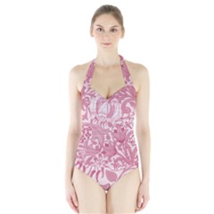 Vintage Style Floral Flower Pink Halter Swimsuit by Alisyart