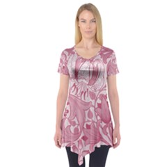 Vintage Style Floral Flower Pink Short Sleeve Tunic 