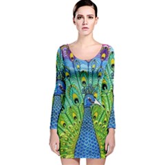 Peacock Bird Animation Long Sleeve Velvet Bodycon Dress by Simbadda