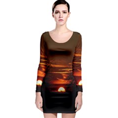 Sunset Sun Fireball Setting Sun Long Sleeve Bodycon Dress by Simbadda