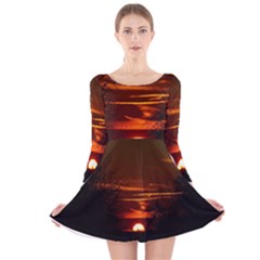 Sunset Sun Fireball Setting Sun Long Sleeve Velvet Skater Dress by Simbadda