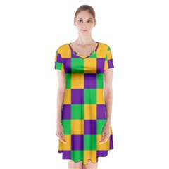 Mardi Gras Checkers Short Sleeve V-neck Flare Dress by PhotoNOLA