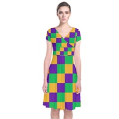 Mardi Gras Checkers Short Sleeve Front Wrap Dress by PhotoNOLA