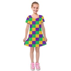 Mardi Gras Checkers Kids  Short Sleeve Velvet Dress by PhotoNOLA