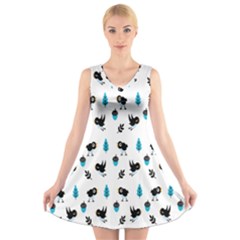 Bird Beans Leaf Black Blue V-neck Sleeveless Skater Dress