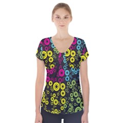 Circle Ring Color Purple Pink Yellow Blue Short Sleeve Front Detail Top