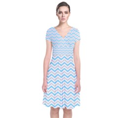 Free Plushie Wave Chevron Blue Grey Gray Short Sleeve Front Wrap Dress