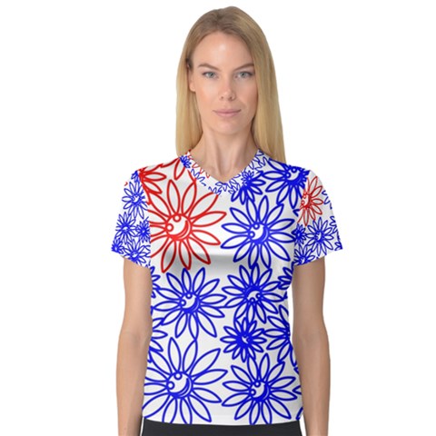 Flower Floral Smile Face Red Blue Sunflower Women s V-neck Sport Mesh Tee by Alisyart