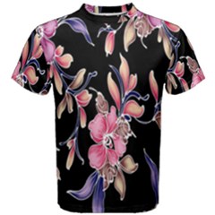 Neon Flowers Rose Sunflower Pink Purple Black Men s Cotton Tee by Alisyart