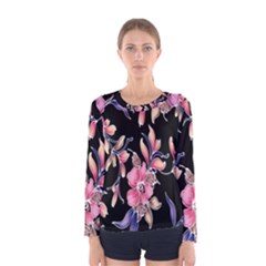 Neon Flowers Rose Sunflower Pink Purple Black Women s Long Sleeve Tee