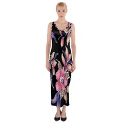 Neon Flowers Rose Sunflower Pink Purple Black Fitted Maxi Dress