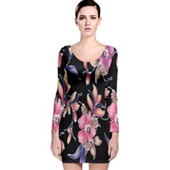 Neon Flowers Rose Sunflower Pink Purple Black Long Sleeve Velvet Bodycon Dress by Alisyart