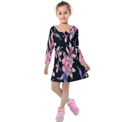 Neon Flowers Rose Sunflower Pink Purple Black Kids  Long Sleeve Velvet Dress by Alisyart