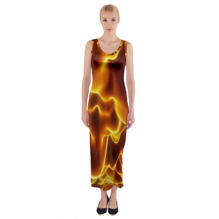 Sea Fire Orange Yellow Gold Wave Waves Fitted Maxi Dress