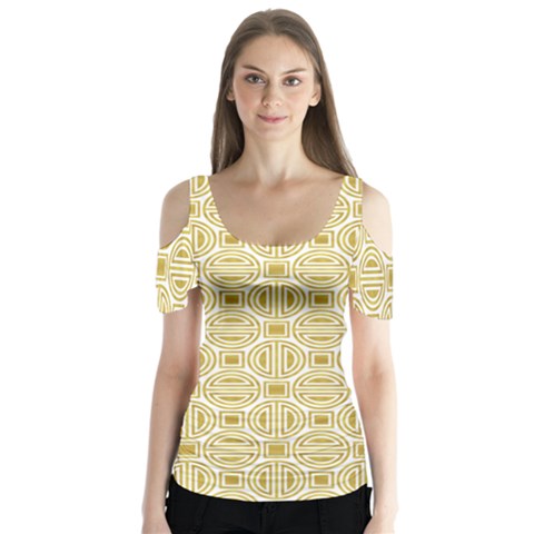 Gold Geometric Plaid Circle Butterfly Sleeve Cutout Tee  by Alisyart