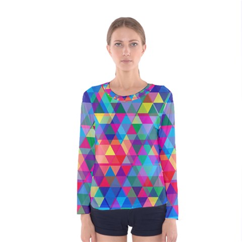 Colorful Abstract Triangle Shapes Background Women s Long Sleeve Tee by TastefulDesigns