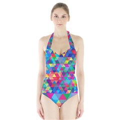 Colorful Abstract Triangle Shapes Background Halter Swimsuit by TastefulDesigns