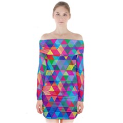 Colorful Abstract Triangle Shapes Background Long Sleeve Off Shoulder Dress by TastefulDesigns