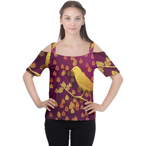 Bird Design Wall Golden Color Women s Cutout Shoulder Tee by Simbadda