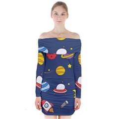 Space Background Design Long Sleeve Off Shoulder Dress by Simbadda