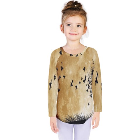 Birds Sky Planet Moon Shadow Kids  Long Sleeve Tee by Simbadda