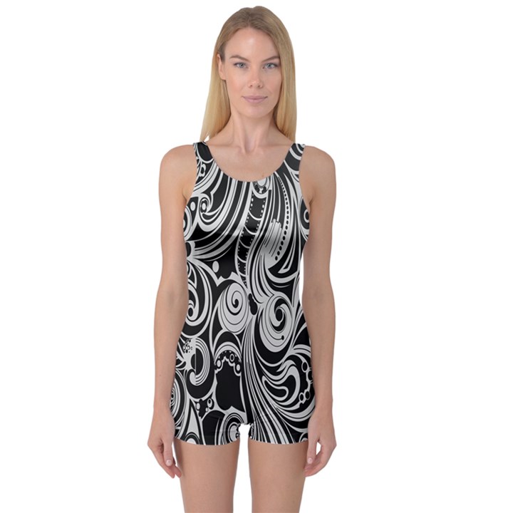 Black White Pattern Shape Patterns One Piece Boyleg Swimsuit