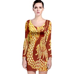 Fabric Pattern Dragon Embroidery Texture Long Sleeve Velvet Bodycon Dress by Simbadda