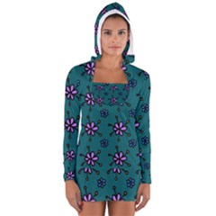 Blue Purple Floral Flower Sunflower Frame Women s Long Sleeve Hooded T-shirt by Alisyart