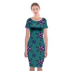 Blue Purple Floral Flower Sunflower Frame Classic Short Sleeve Midi Dress