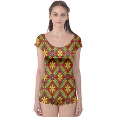 Abstract Yellow Red Frame Flower Floral Boyleg Leotard 