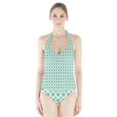 Crown King Triangle Plaid Wave Green White Halter Swimsuit by Alisyart