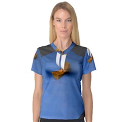 Low Poly Boat Ship Sea Beach Blue Women s V-neck Sport Mesh Tee