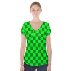 Plaid Flag Green Short Sleeve Front Detail Top