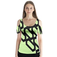 Polygon Abstract Shape Black Green Butterfly Sleeve Cutout Tee 