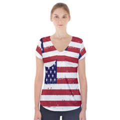 Flag United States United States Of America Stripes Red White Short Sleeve Front Detail Top by Simbadda