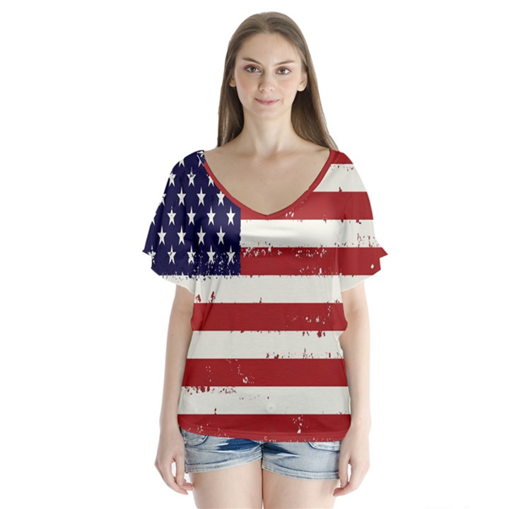 Flag United States United States Of America Stripes Red White Flutter Sleeve Top