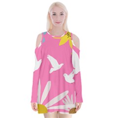 Spring Flower Floral Sunflower Bird Animals White Yellow Pink Blue Velvet Long Sleeve Shoulder Cutout Dress by Alisyart