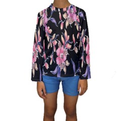 Neon Flowers Black Background Kids  Long Sleeve Swimwear by Simbadda