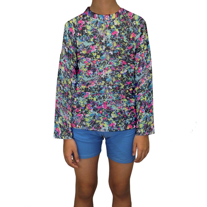Neon Floral Print Silver Spandex Kids  Long Sleeve Swimwear
