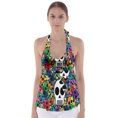 Skull Background Bright Multi Colored Babydoll Tankini Top by Simbadda