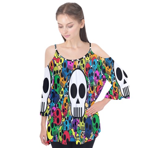 Skull Background Bright Multi Colored Flutter Tees by Simbadda