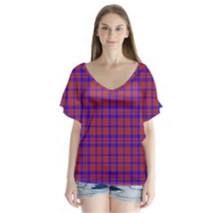 Pattern Plaid Geometric Red Blue Flutter Sleeve Top