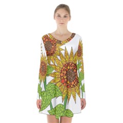 Sunflowers Flower Bloom Nature Long Sleeve Velvet V-neck Dress by Simbadda