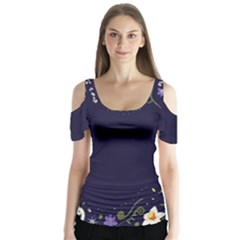 Spring Wind Flower Floral Leaf Star Purple Green Frame Butterfly Sleeve Cutout Tee 